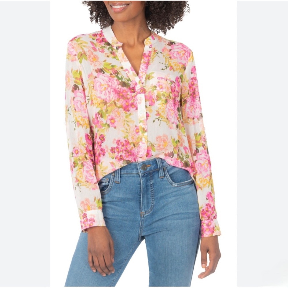 KUT FROM THE KLOTH Blouse Jasmine Chiffon Roll Tab Sleeves Semi Sheer Floral XS